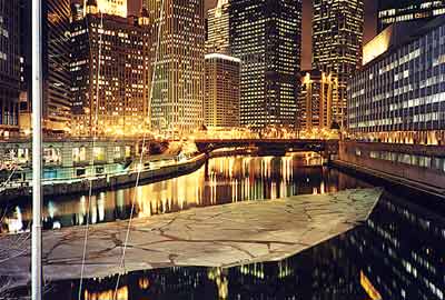 Frozen river, city lights