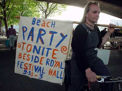 Reclaim the Beach banner, Critical Mass, Waterloo Bridge, London 31st May 2002