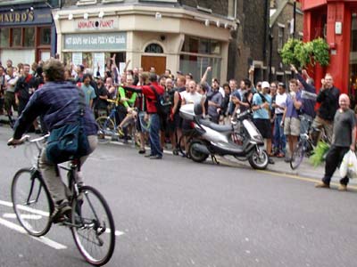 Bigging up the cyclists! Duke of York, Clerkenwell Road, Critical mass bike ride, London, 27th June 2003