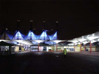Entrance gate at night, Millennium Dome