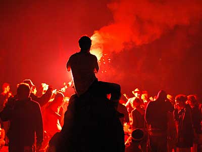 Flares in the sacred space, Glastonbury Festival, Pilton, Somerset, England June 2005
