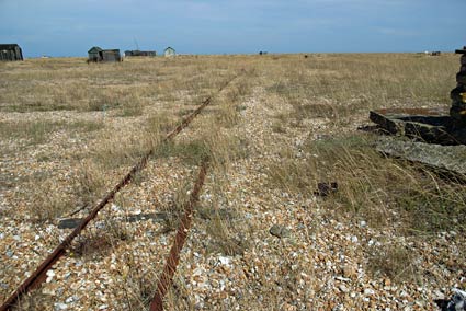 Disused narrow gauge railway tracks, Dungeness, Romney Marsh, on the south coast of Kent, England