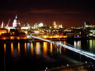 Millennium Bridge at night, view from the Tate Modern, London