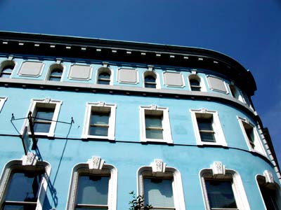 Blue building, blue sky, Garrick Street, Covent Garden, London, June 2003