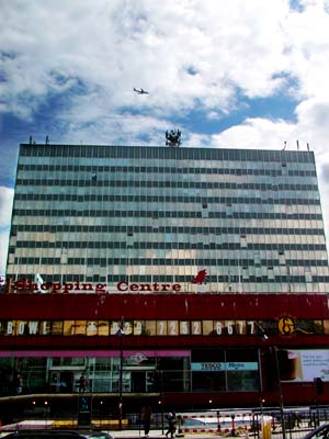 Clouds reflected in the Elephant and Castle shopping centre, south London