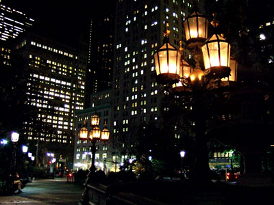 City Hall Park, gas lamps, Manhattan, New York, NYC, USA