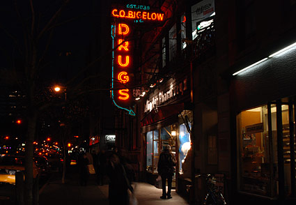C. O. Bigelow Drugs Store, Night photographs on the streets of New York, NYC, December 2006