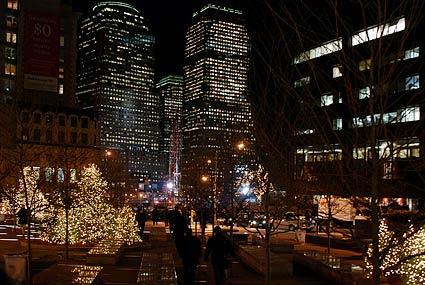 Christmas tree and WTC buildings. Night photographs on the streets of New York, NYC, December 2006
