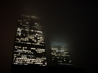 twin trade towers in the rain