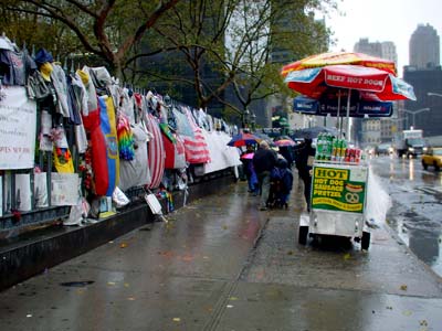 Hot dogs and memorials, World Trade towers site, Manhattan, New York