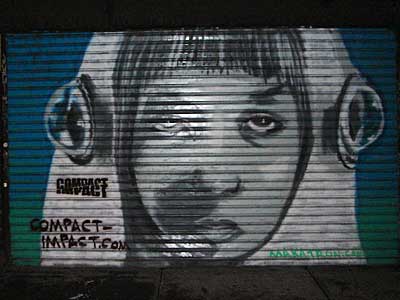 Girl on shop shutters, East Village, Manhattan, NYC, USA