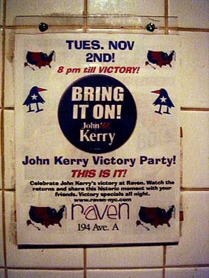Election Party poster, Tues 2nd November. Bring It On! The Raven Bar, East Village, Manhattan, NYC, USA