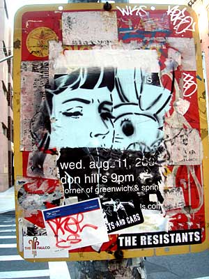 Stickers, stencils and graffiti on Lower East Side street sign, Manhattan, New York City, NYC, USA