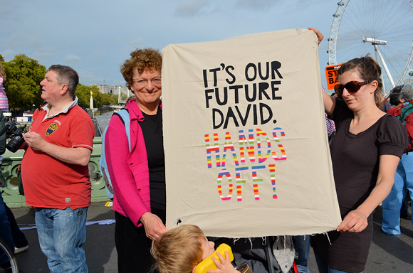 Block the Bridge, UK Uncut action on Westminster Bridge in protest of plans to privatise the NHS. Sunday 9th October 2011, London