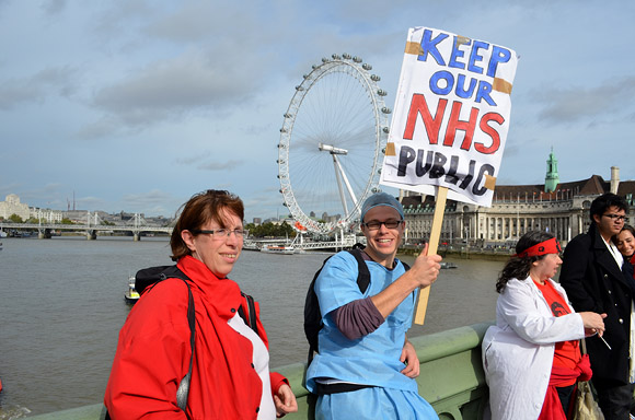 Block the Bridge, UK Uncut action on Westminster Bridge in protest of plans to privatise the NHS. Sunday 9th October 2011, London