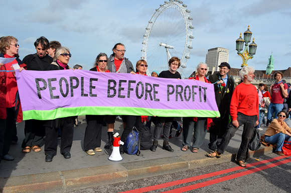 Block the Bridge, UK Uncut action on Westminster Bridge in protest of plans to privatise the NHS. Sunday 9th October 2011, London