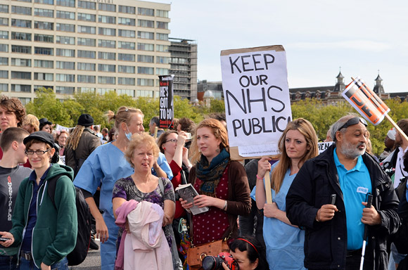 Block the Bridge, UK Uncut action on Westminster Bridge in protest of plans to privatise the NHS. Sunday 9th October 2011, London