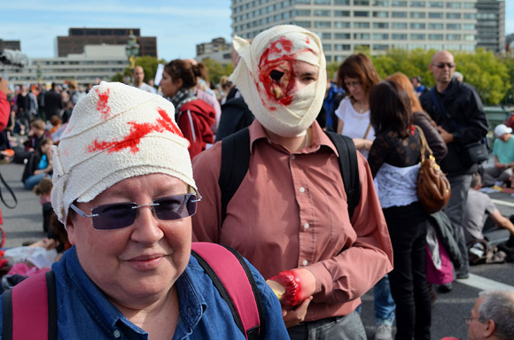 Block the Bridge, UK Uncut action on Westminster Bridge in protest of plans to privatise the NHS. Sunday 9th October 2011, London