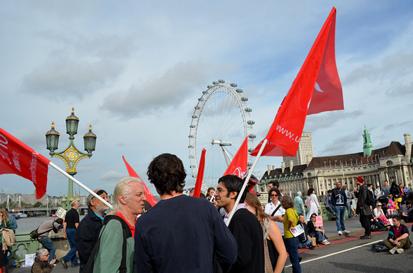 Block the Bridge, UK Uncut action on Westminster Bridge in protest of plans to privatise the NHS. Sunday 9th October 2011, London
