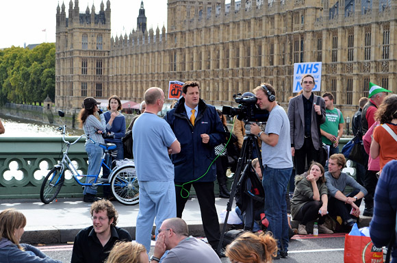 Block the Bridge, UK Uncut action on Westminster Bridge in protest of plans to privatise the NHS. Sunday 9th October 2011, London