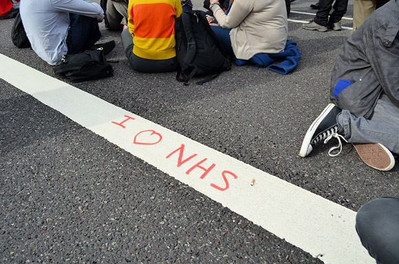 Block the Bridge, UK Uncut action on Westminster Bridge in protest of plans to privatise the NHS. Sunday 9th October 2011, London