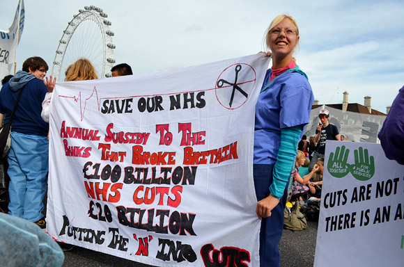 Block the Bridge, UK Uncut action on Westminster Bridge in protest of plans to privatise the NHS. Sunday 9th October 2011, London