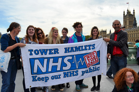 Block the Bridge, UK Uncut action on Westminster Bridge in protest of plans to privatise the NHS. Sunday 9th October 2011, London