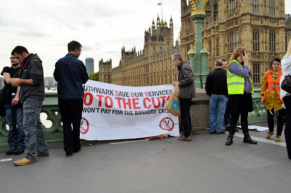 Block the Bridge, UK Uncut action on Westminster Bridge in protest of plans to privatise the NHS. Sunday 9th October 2011, London