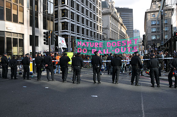 G20 and Climate Camp protests at the Bank of England and Bishopgate, City of London, London, 1st April 2009