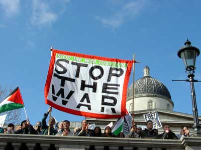 Stop the War banner, Trafalgar Square, 13th April, 2002