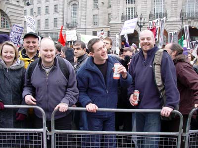 Beer drinking chums, Piccadilly Circus, Stop the War Rally, London Feb 15th 2003