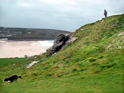 Walker and dog, St Ives Head, St Ives Cornwall, March 2003
