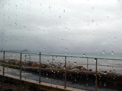 Penzance rain, railway station, Cornwall, March 2003