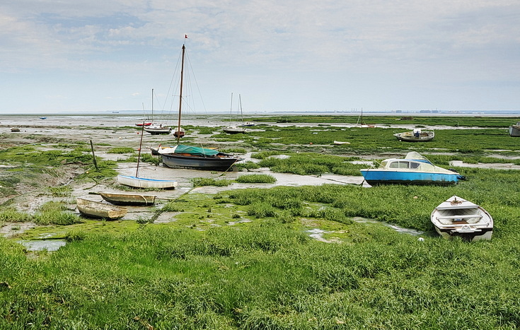 Swimmers and stranded boats on a sea of mud in the shadow of the oil refineries: Leigh on Sea in the summer 