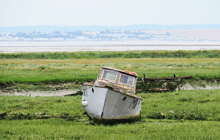Swimmers and stranded boats on a sea of mud in the shadow of the oil refineries: Leigh on Sea in the summer 