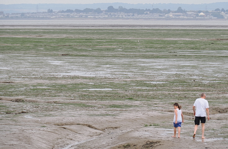 Swimmers and stranded boats on a sea of mud in the shadow of the oil refineries: Leigh on Sea in the summer 