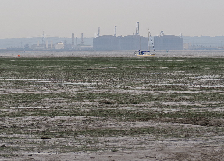 Swimmers and stranded boats on a sea of mud in the shadow of the oil refineries: Leigh on Sea in the summer 