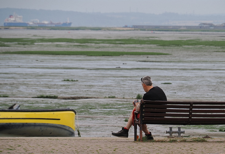 Swimmers and stranded boats on a sea of mud in the shadow of the oil refineries: Leigh on Sea in the summer 