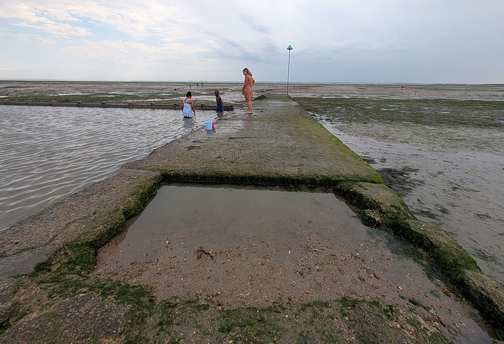 Swimmers and stranded boats on a sea of mud in the shadow of the oil refineries: Leigh on Sea in the summer 